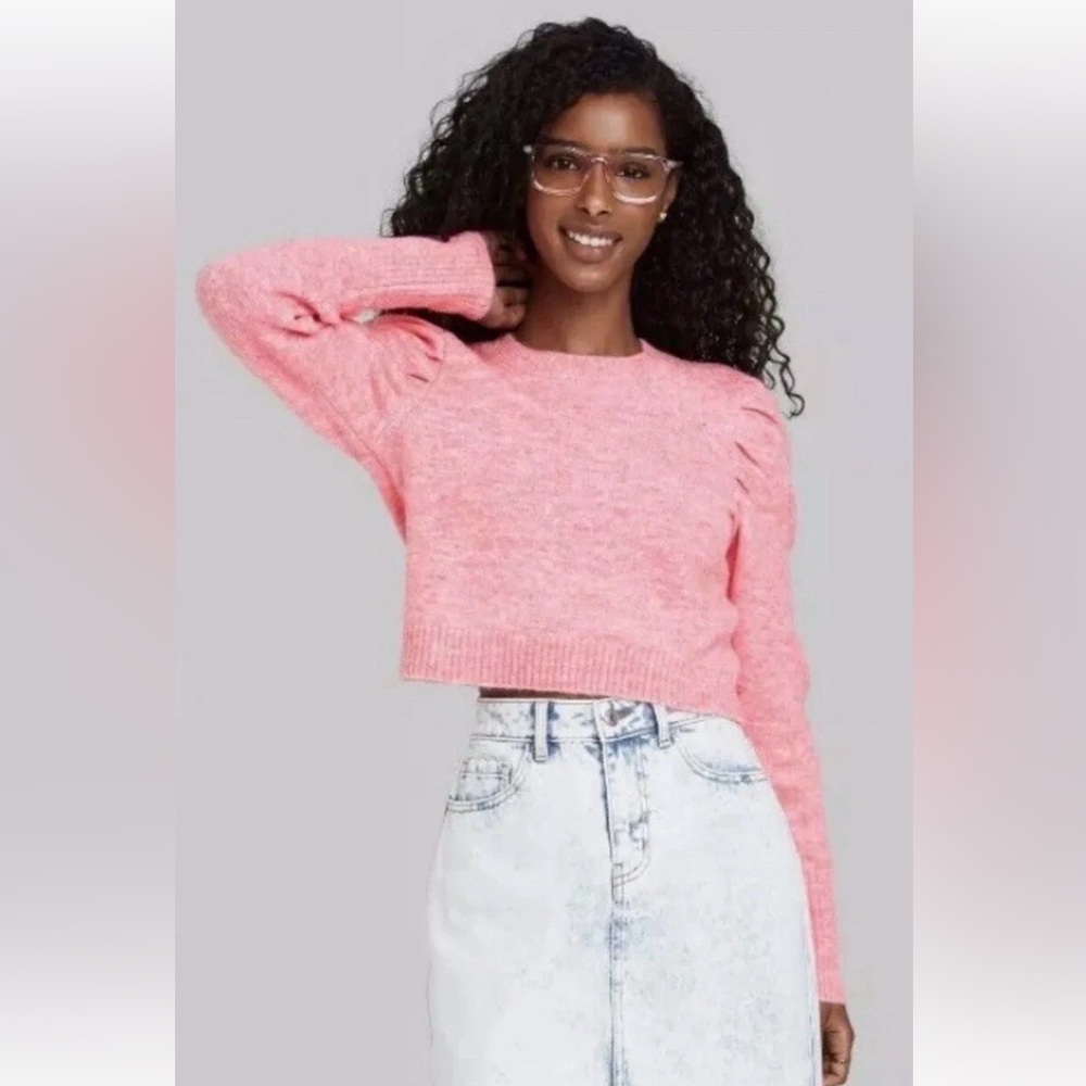 Wild fable Pink Puff Sleeve knit cropped Sweater medium
